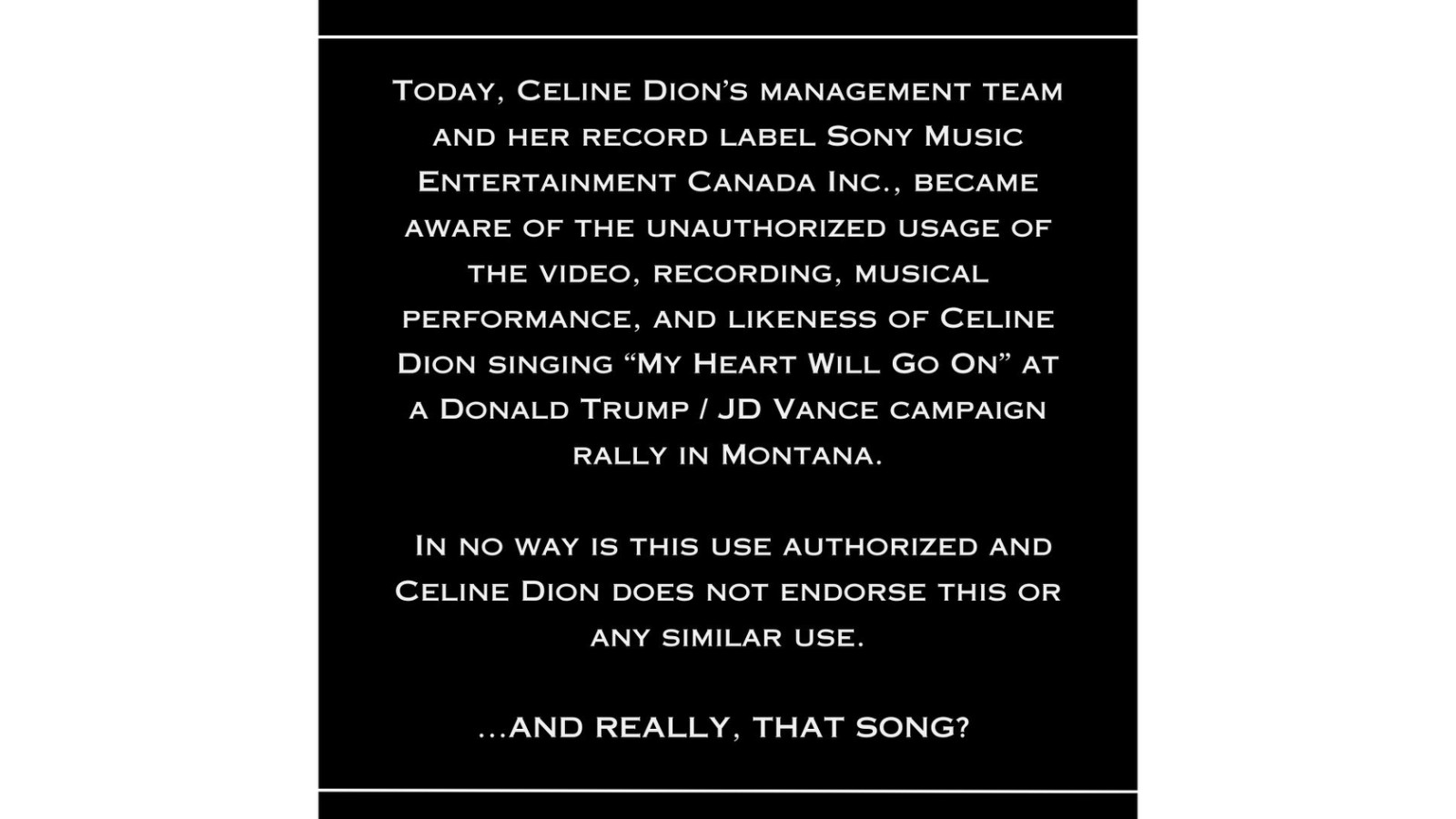 Celine Dion's team denounces use of "My Heart Will Go On" at Trump rally